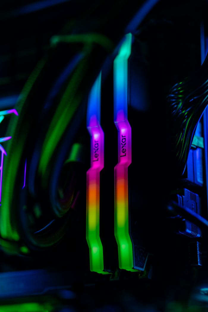 Close-up of glowing RGB RAM sticks in a custom gaming PC setup, showcasing vivid colors.